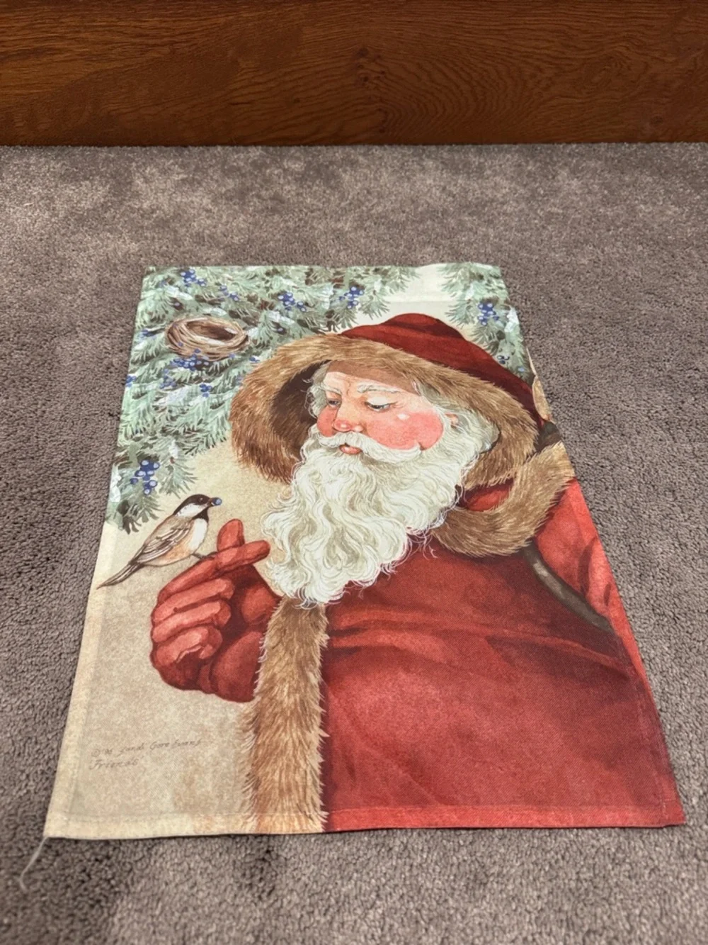 Sandi Gore Evans Santa & Bird Christmas Garden Flag 12.5x18 Winter Holiday Decor